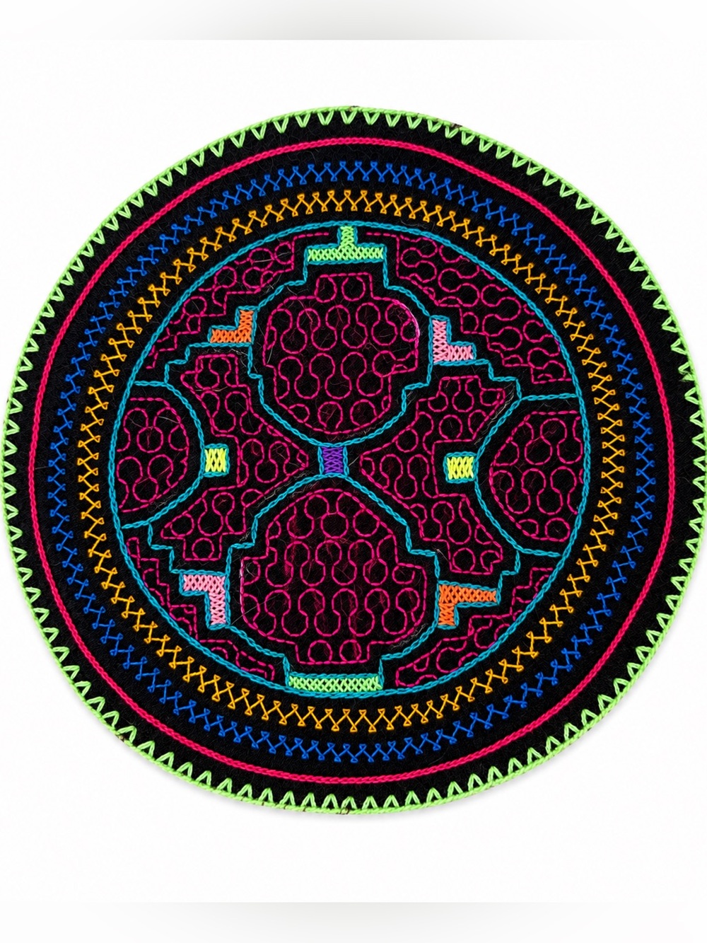 Handmade Shipibo-Konibo Kené Ceremonial table cloth 8” Round Embroidered Peru